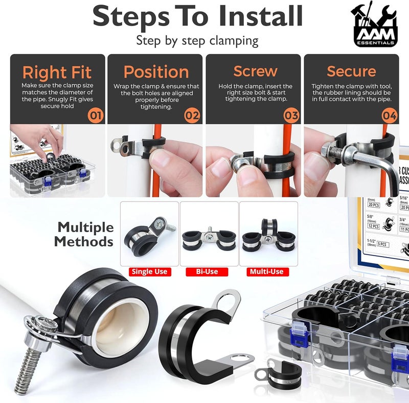 AAM ESSENTIALS 115 pcs cable clamps-304 Stainless Steel-Rubber Cushion Wire clamps-10 sizes 1/4" 5/16" 3/8" 1/2" 5/8" 3/4" 1" 1-1/4" 1-1/2" 1-3/4"-Assortment kit for pipe & wire mounting (Extra 5pcs) - Image 5